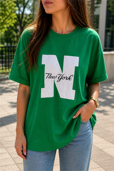 YEŞİL NEW YORK BASKILI T SHIRT S