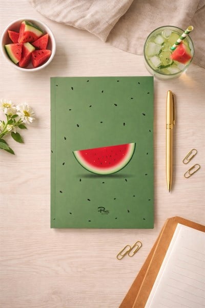 Yeşil Zeminli Karpuz Tasarım A5 Çizgili Defter