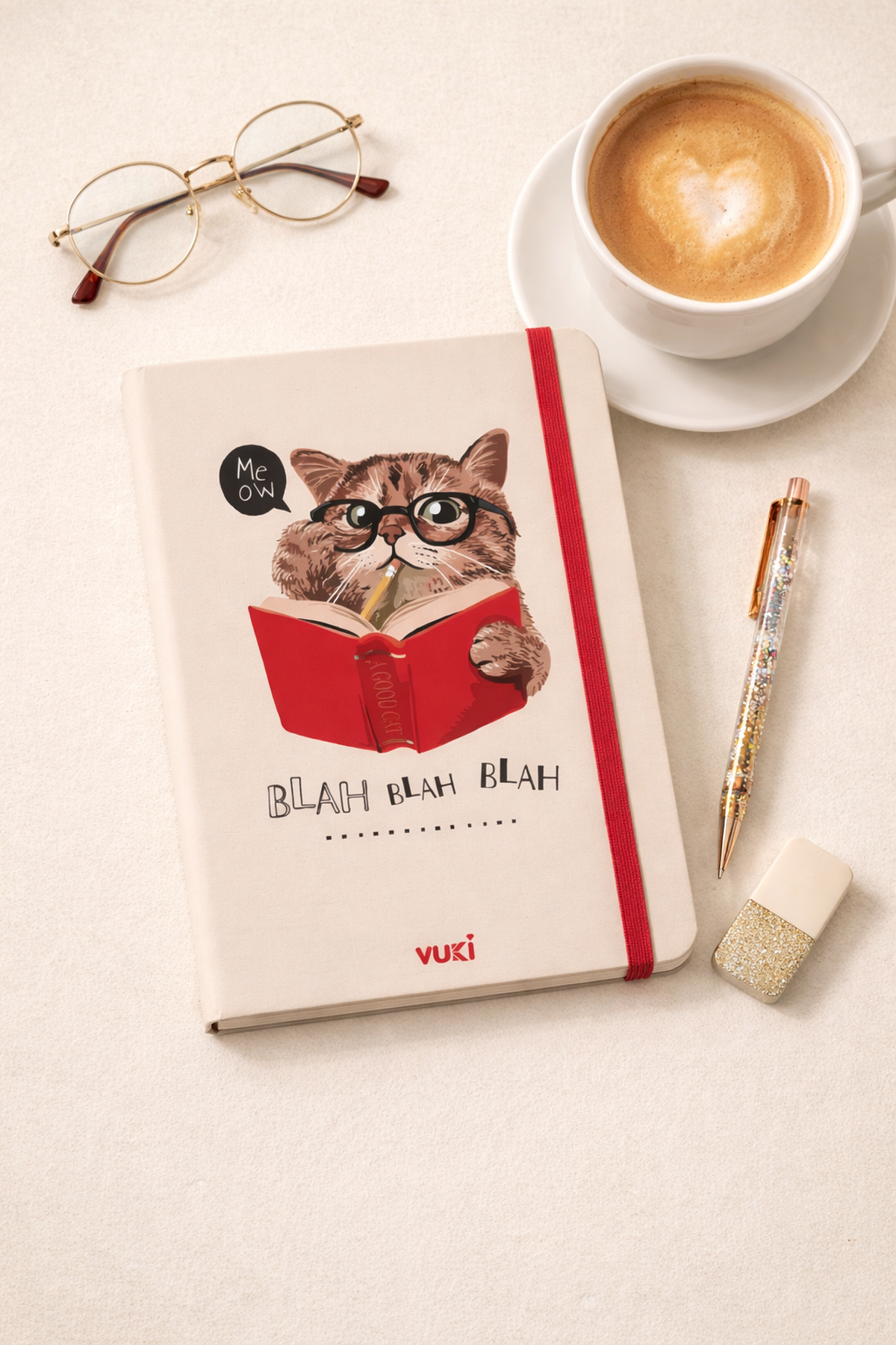 19 Cm Meow Blah Blah Blah Lastikli Çizgisiz Defter