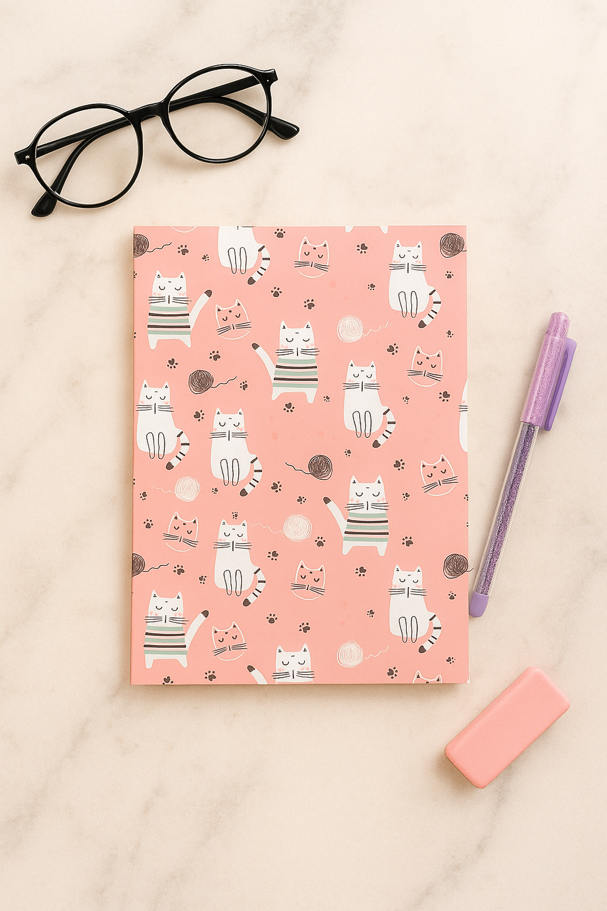 20 Cm Pembe Kedi Figürlü Çizgili Defter