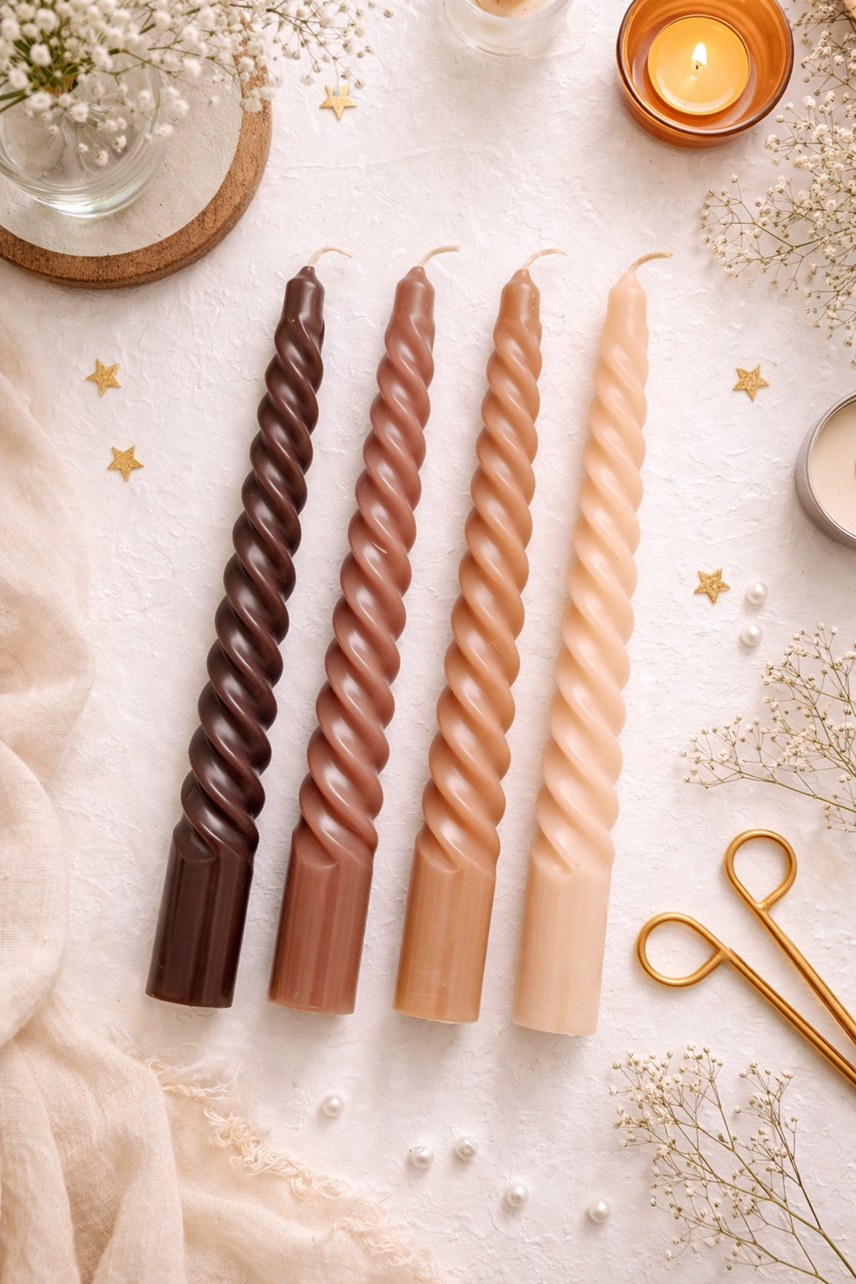 25 Cm Kahverengi Tonları Kıvrımlı Şamdan Mum