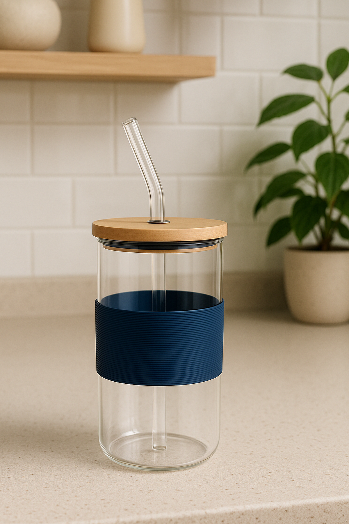 400 Ml Petrol Mavisi Bambu Kapaklı Cam Pipetli Kupa