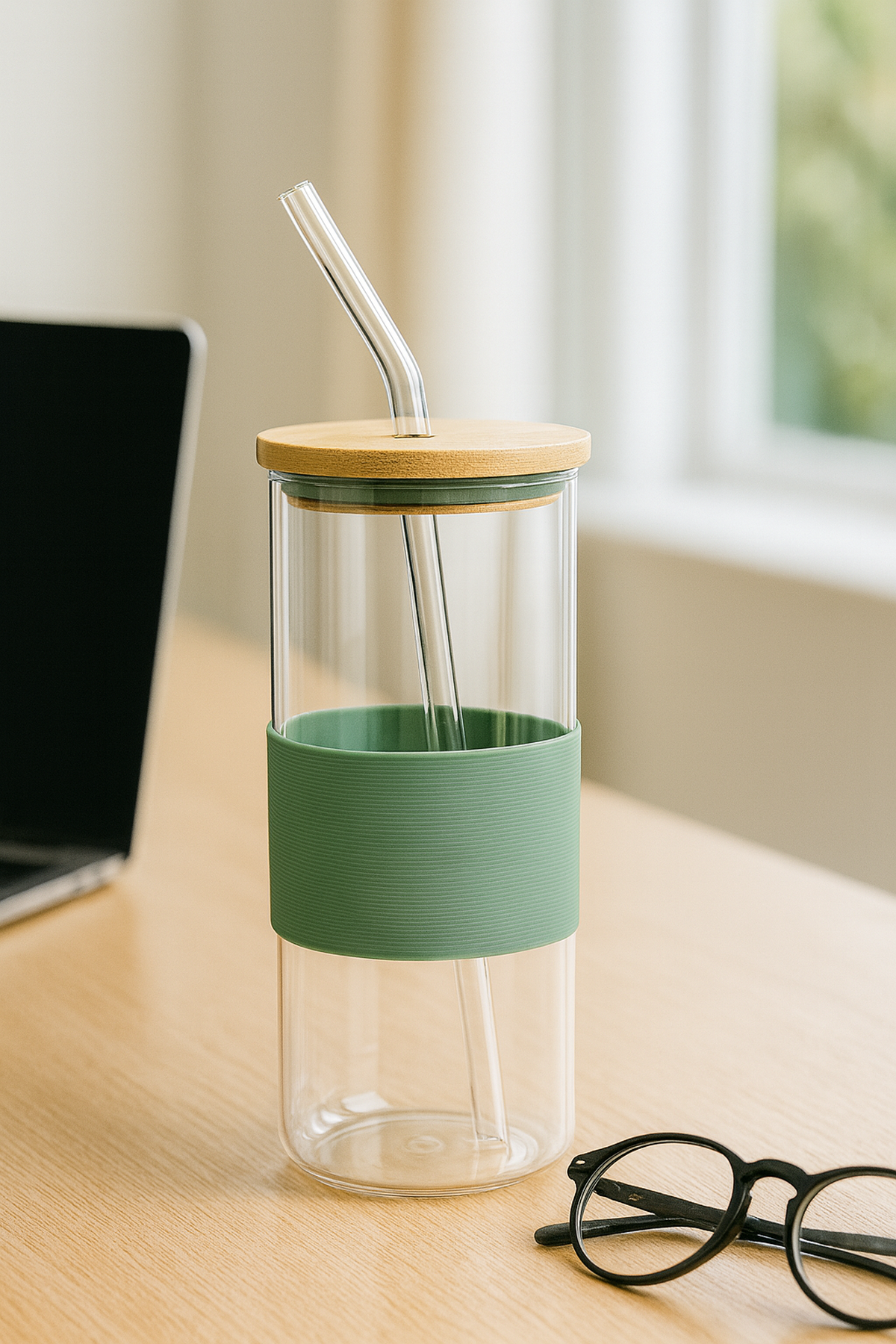 400 Ml Su Yeşili Bambu Kapaklı Cam Pipetli Kupa