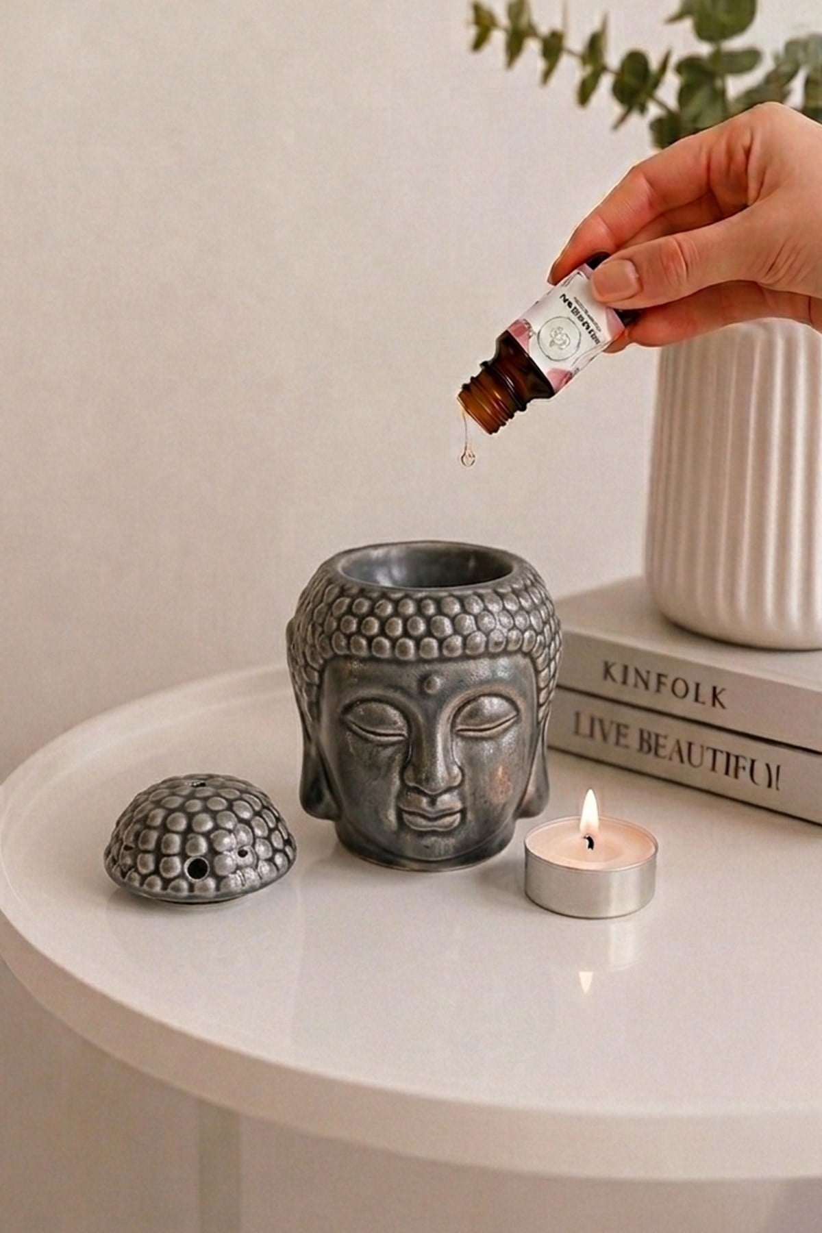Füme Buddha Kafası Seramik Buhurdanlık 13 Cm