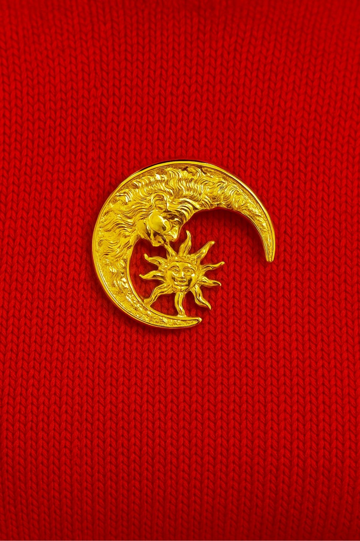 Gold Büyük Ay Güneş İğneli  Broş