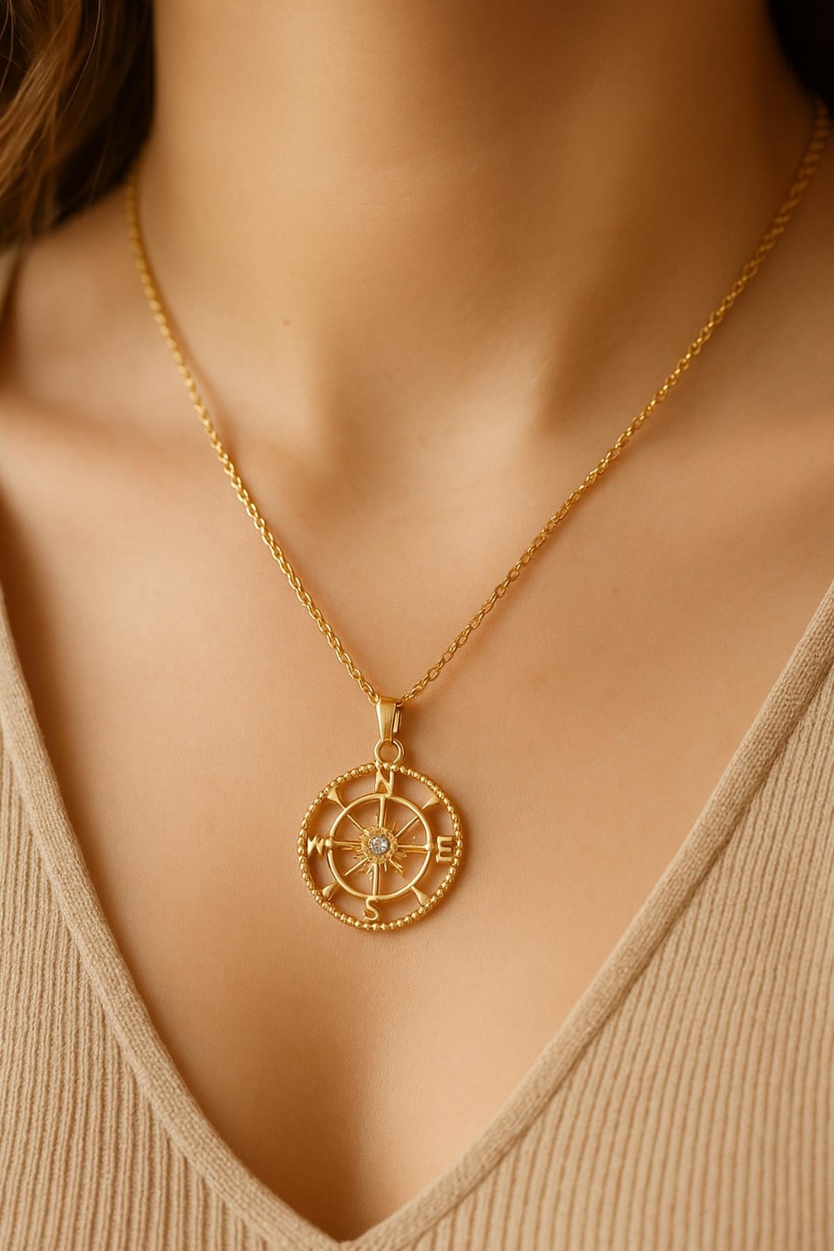 GOLD TAŞLI PUSULA  KOLYE