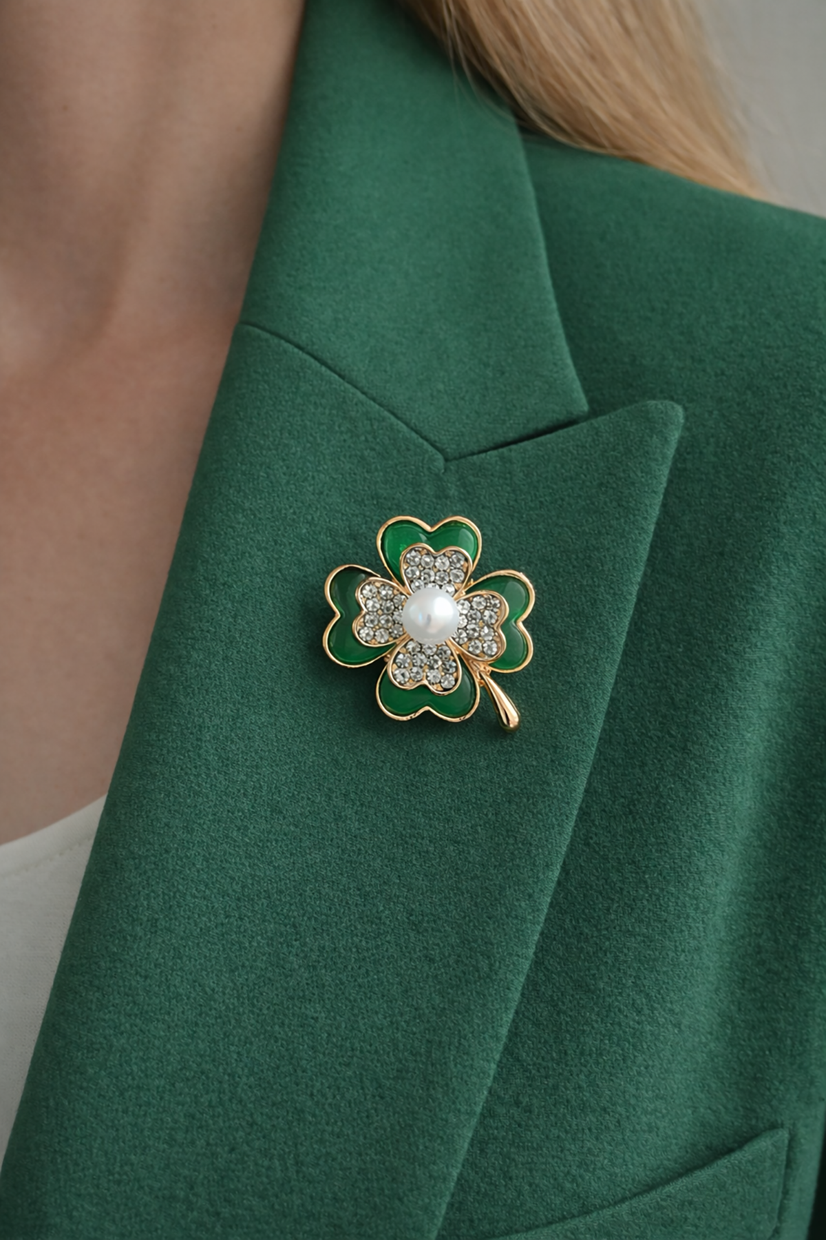 İncili Yeşil 4 Yapraklı Yonca İğneli Broş