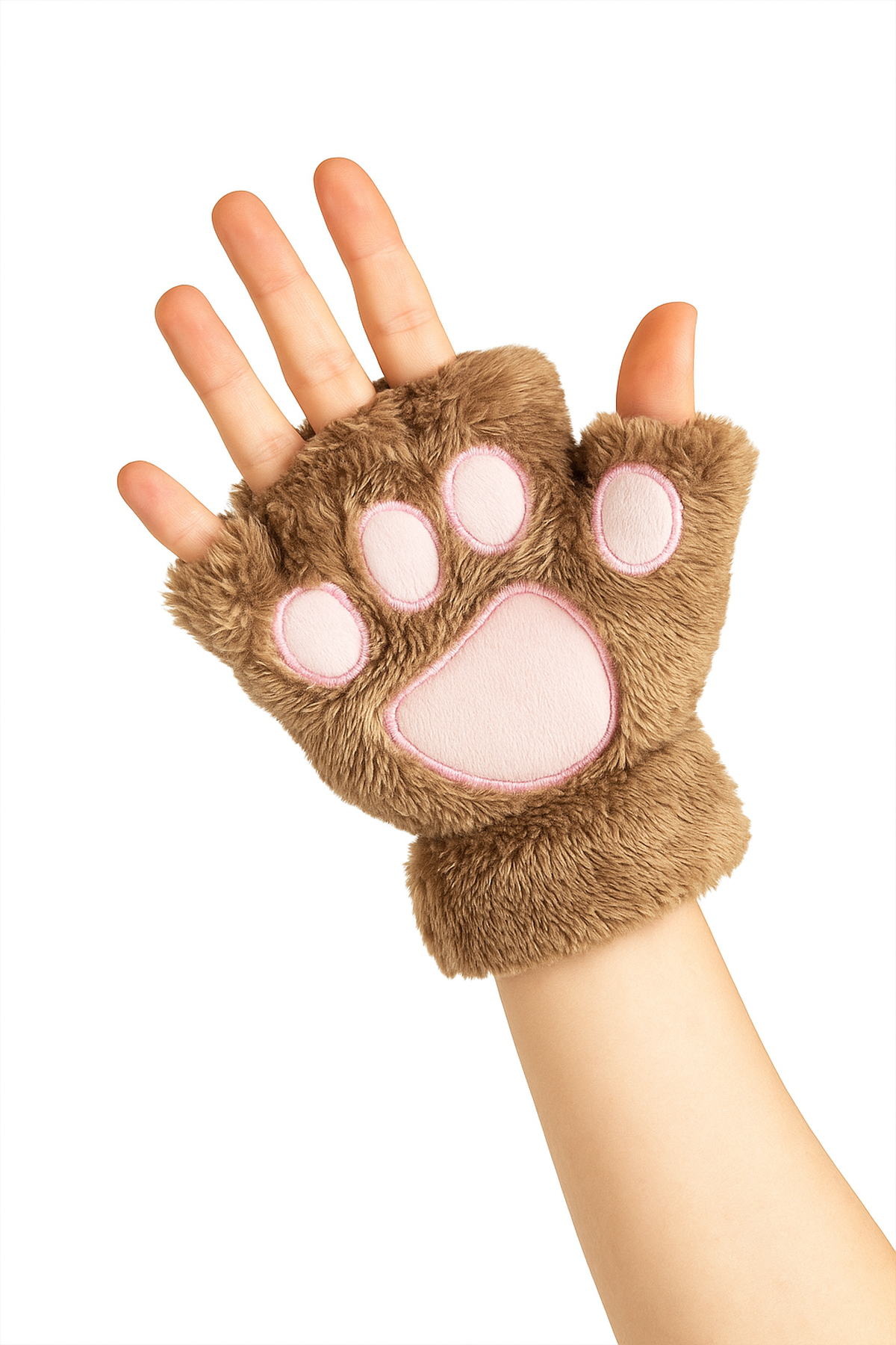 Kahverengi Kedi Patisi Açık Parmak Peluş Eldiven