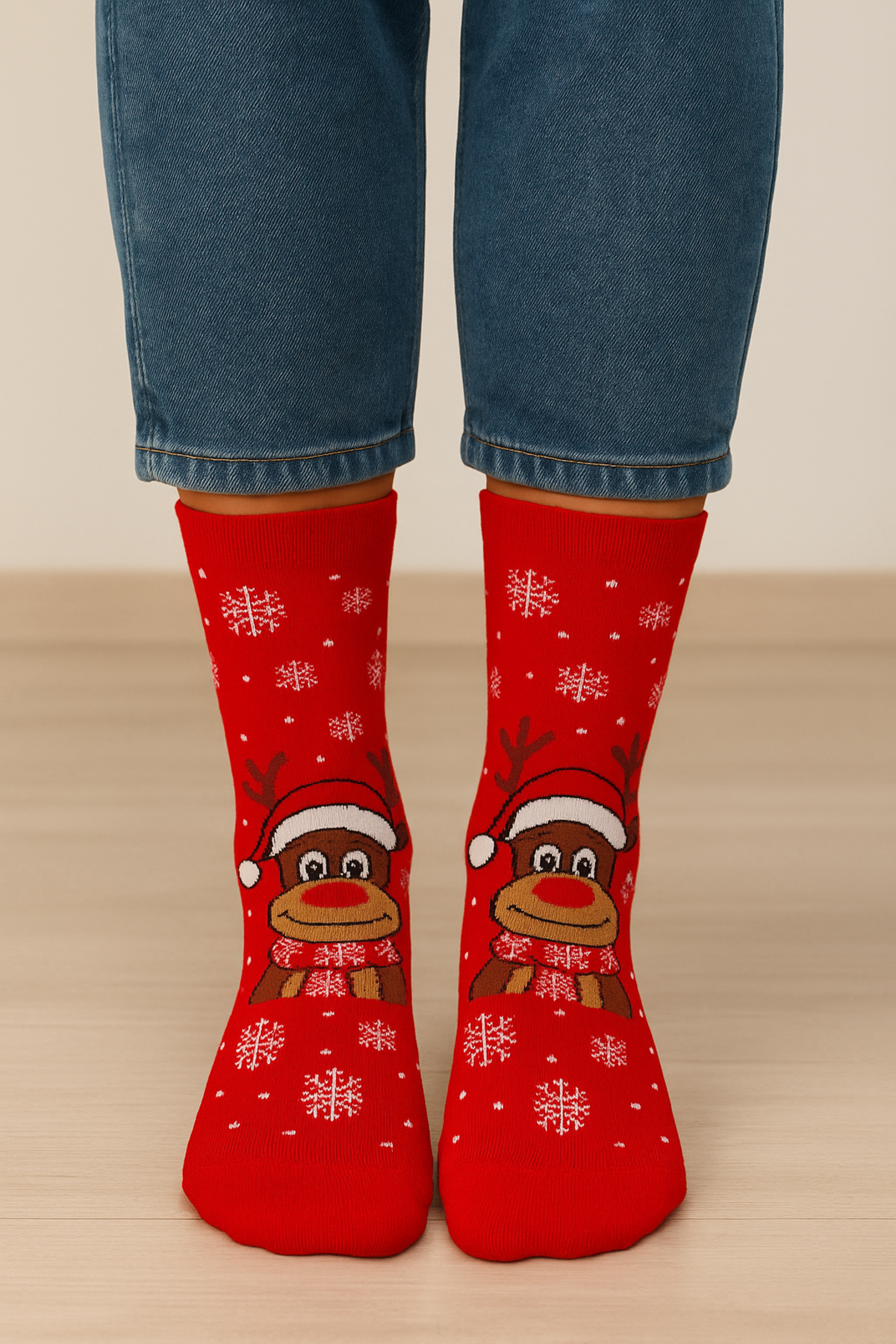 Kar Taneli Kırmızı Yılbaşı Konsept Çorap