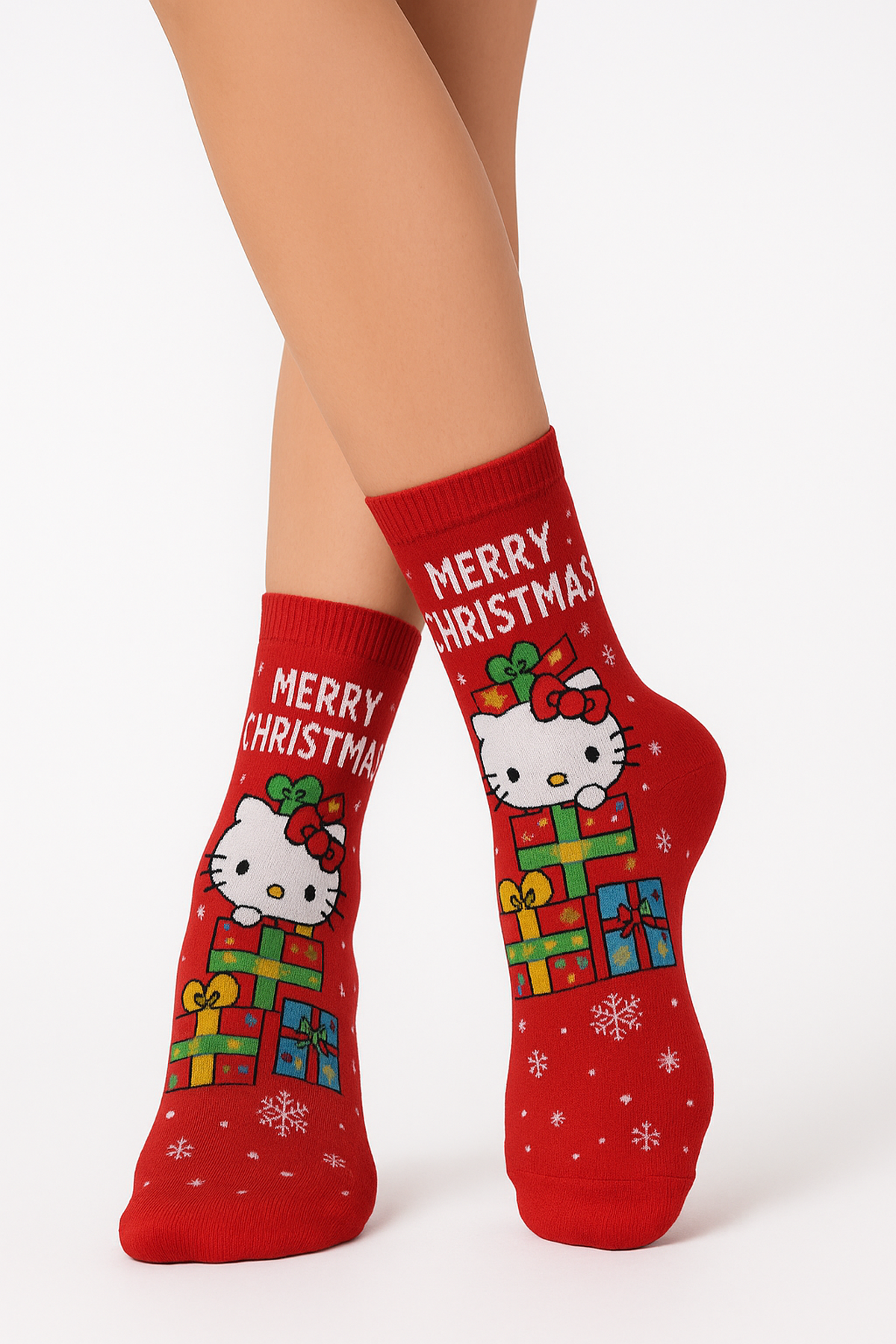 Kırmızı Hediyeli Hello Kitty Kar Taneli Yılbaşı Konsept Çorap 36-44