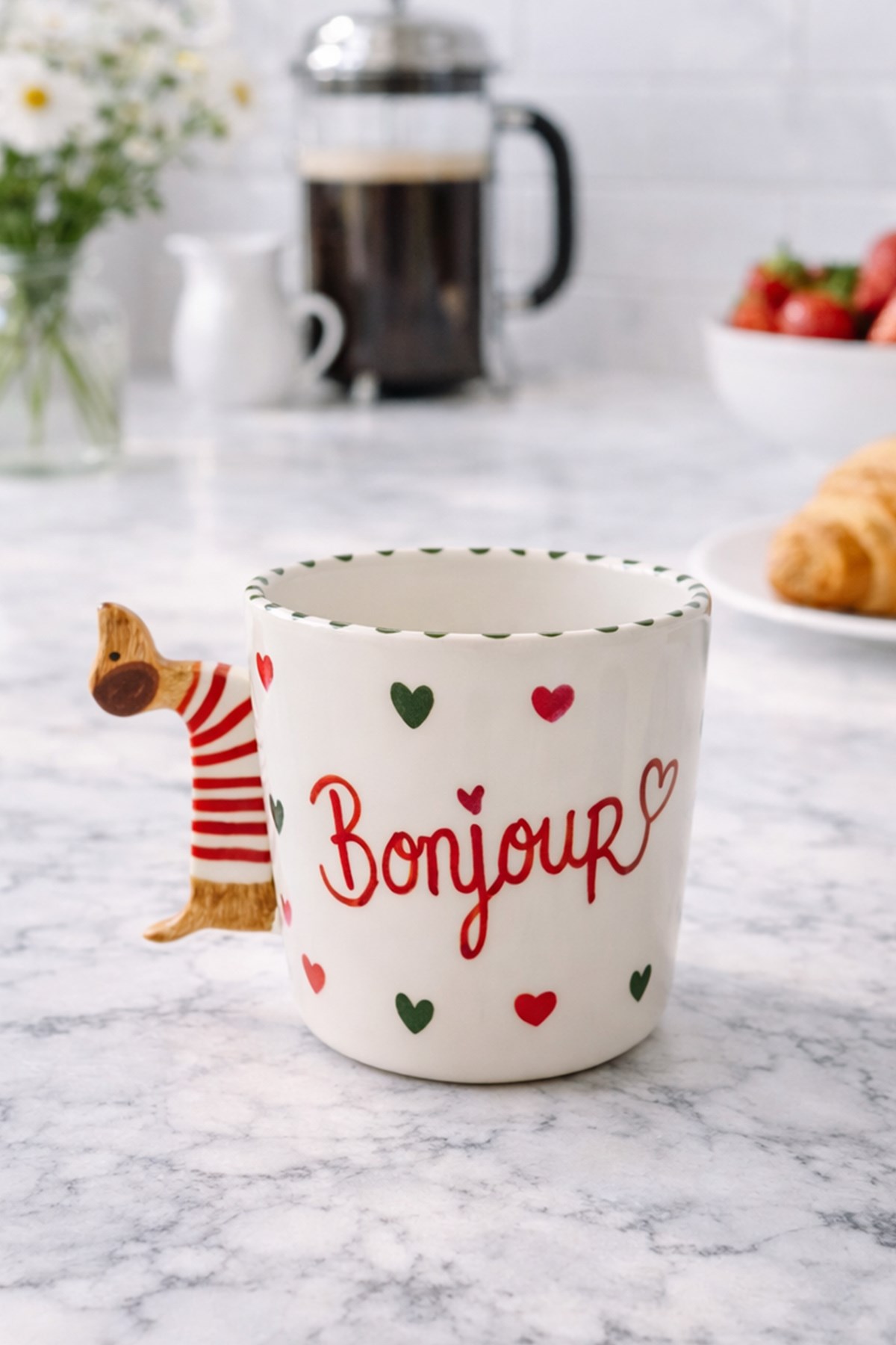 Köpek Saplı Bonjour Kalpli Kulplu Fincan 250 Ml
