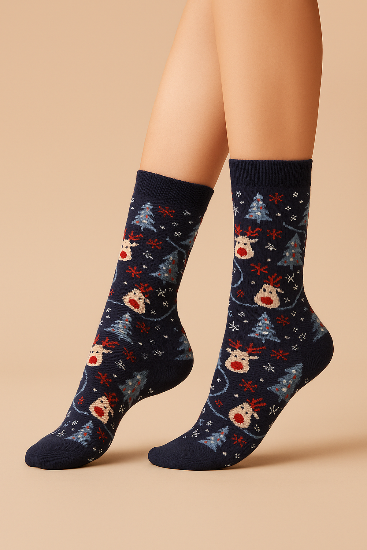 Lacivert Mini Geyikli Yılbaşı Figürlü Konsept Çorap 36-44
