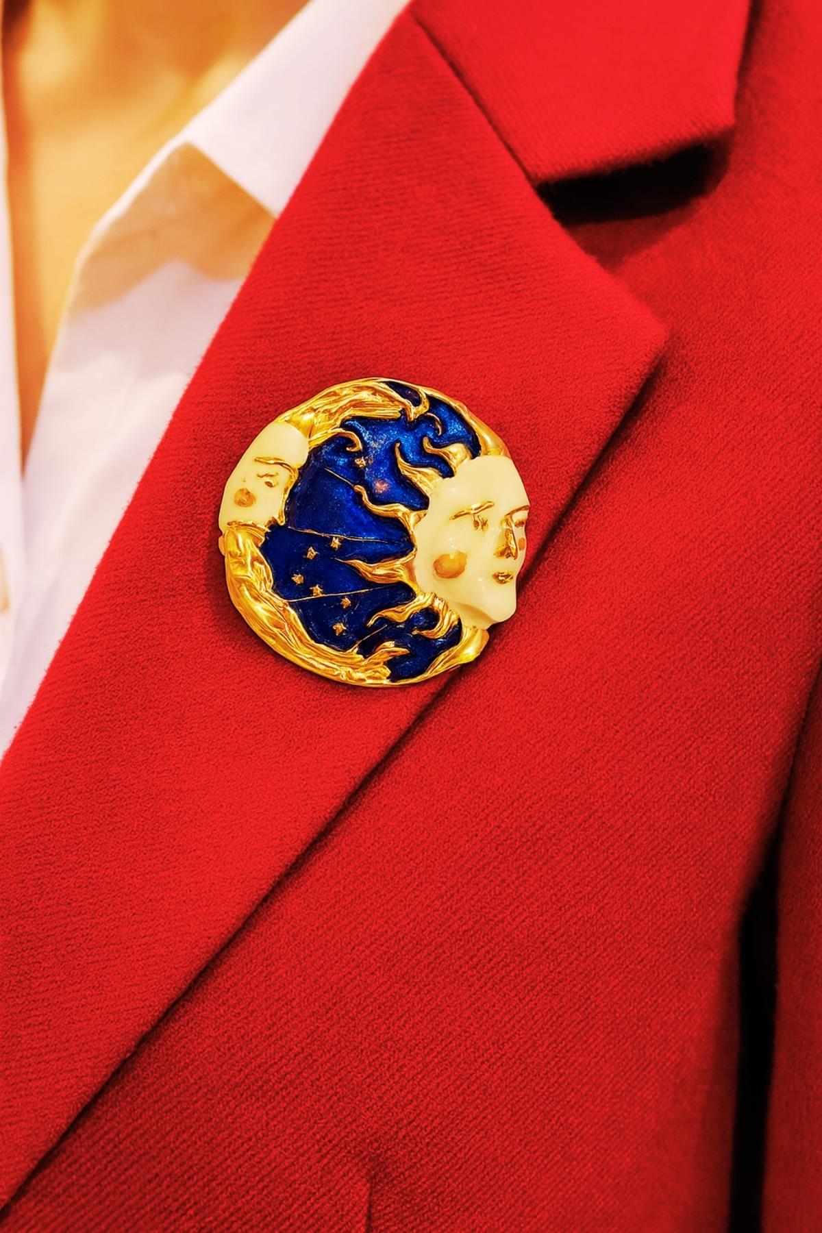 Mavi Zeminli Ay Güneş İğneli Broş