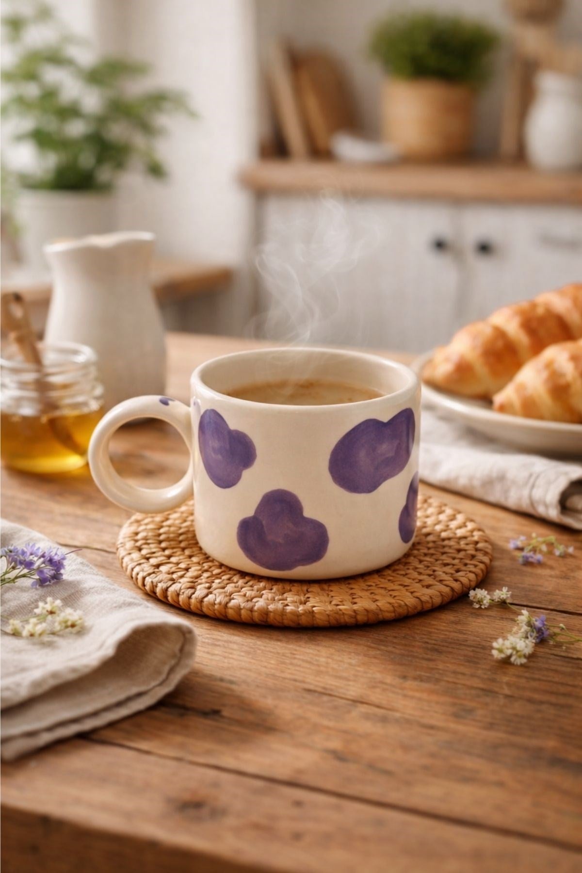 Mor Benekli Seramik Kulplu Fincan 300 ML