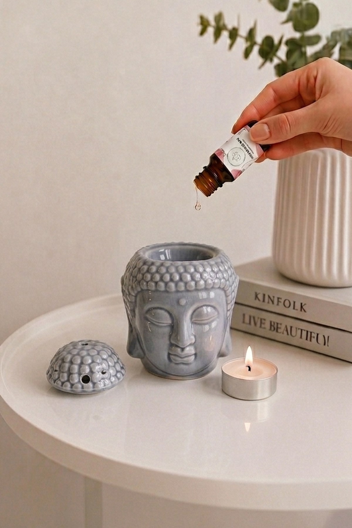 Mor Buddha Kafası Seramik Buhurdanlık 13 Cm