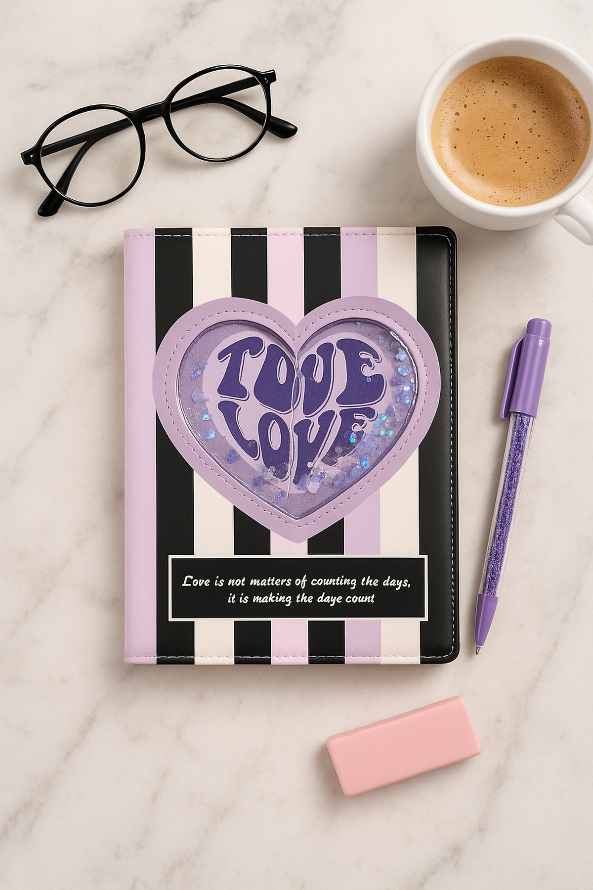 Mor Siyah Dik Çizgili Kalpli Sulu Pullu Çizgili Defter