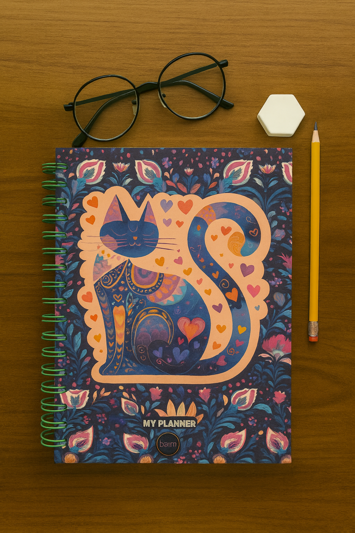 Motifli Kedi Spiral Çizgili Defter