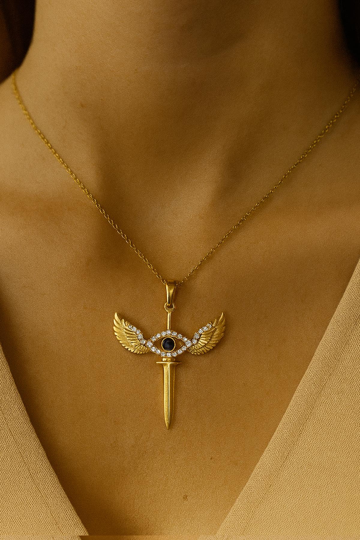 Nazar Göz Kanatlı Kılıç Çelik Kolye