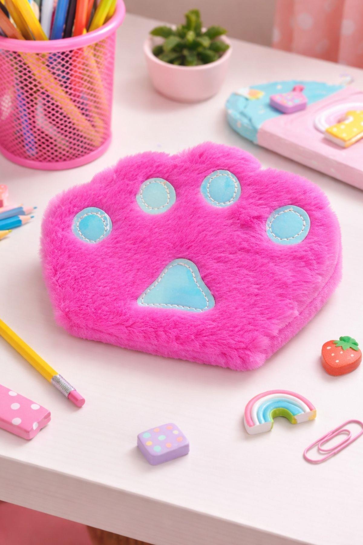 Pembe Büyük Peluş Pati Çizgili Defter
