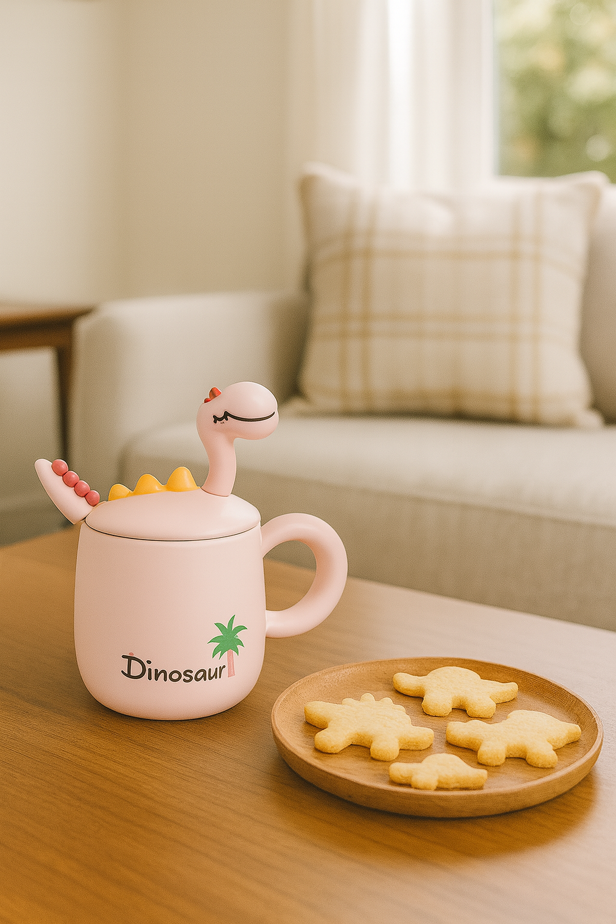 Pembe Dinosour Kapak Kaşıklı Fincan