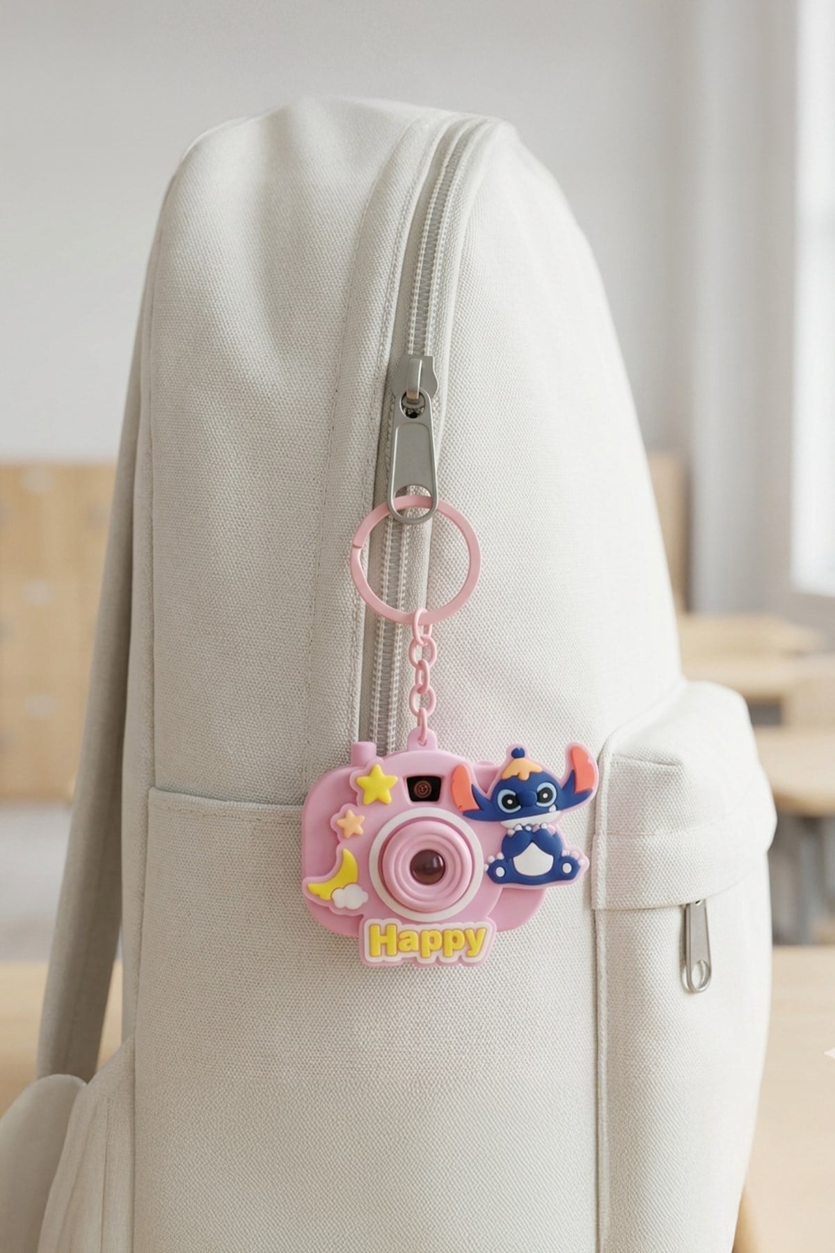 Pembe Happy Stitch Fotoğraf Makinalı Anahtarlık