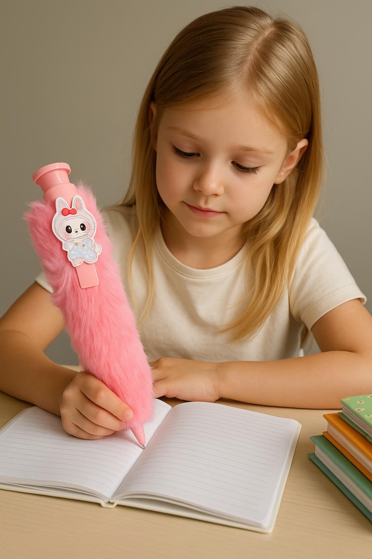 Pembe Peluş Kaplama Labubu Büyük Kalem