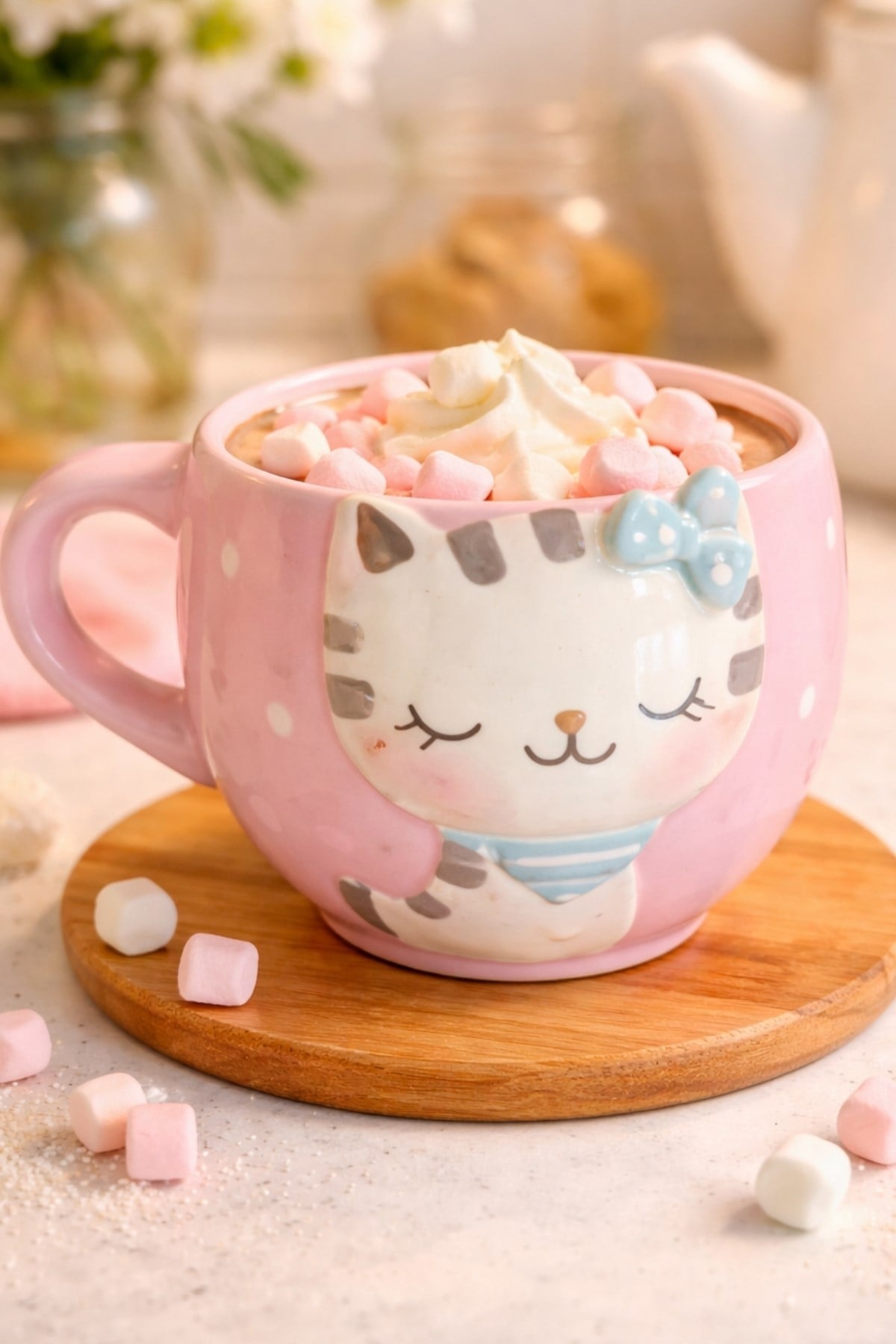 Pembe Sevimli Beyaz Kedi Kulplu Kupa 400 Ml