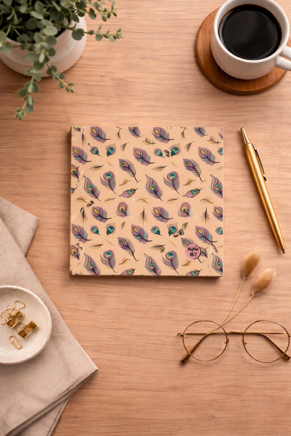 Renkli Tavuş Kuşu Tüyü Çizgili Defter 15x15cm