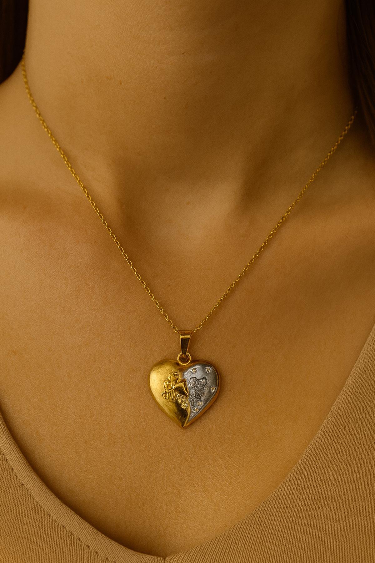 SARI GÜMÜŞ KALPLİ KOLYE