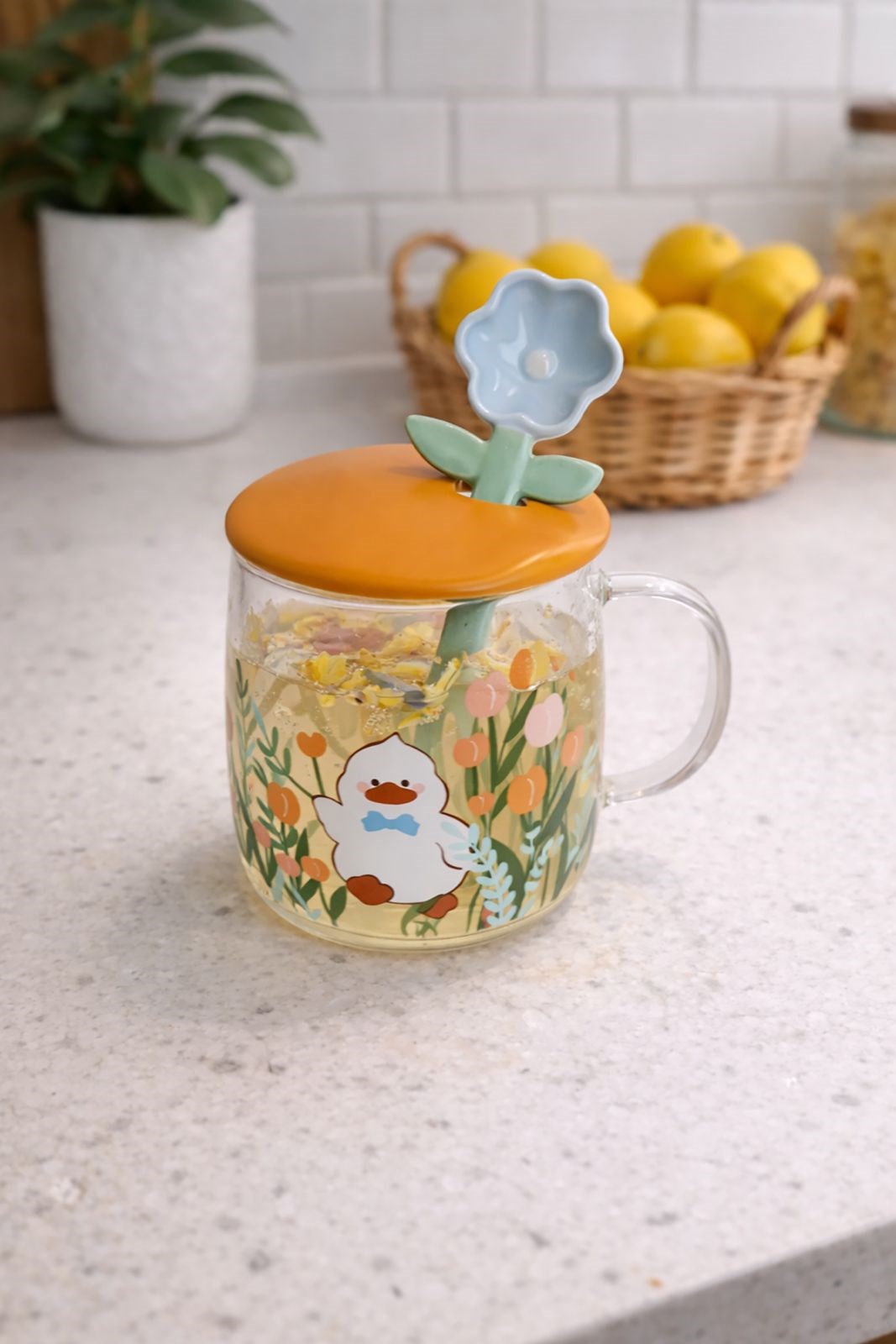 Seramik Mavi Çiçek Kaşık Kapak Kulplu Cam Kupa 480 Ml