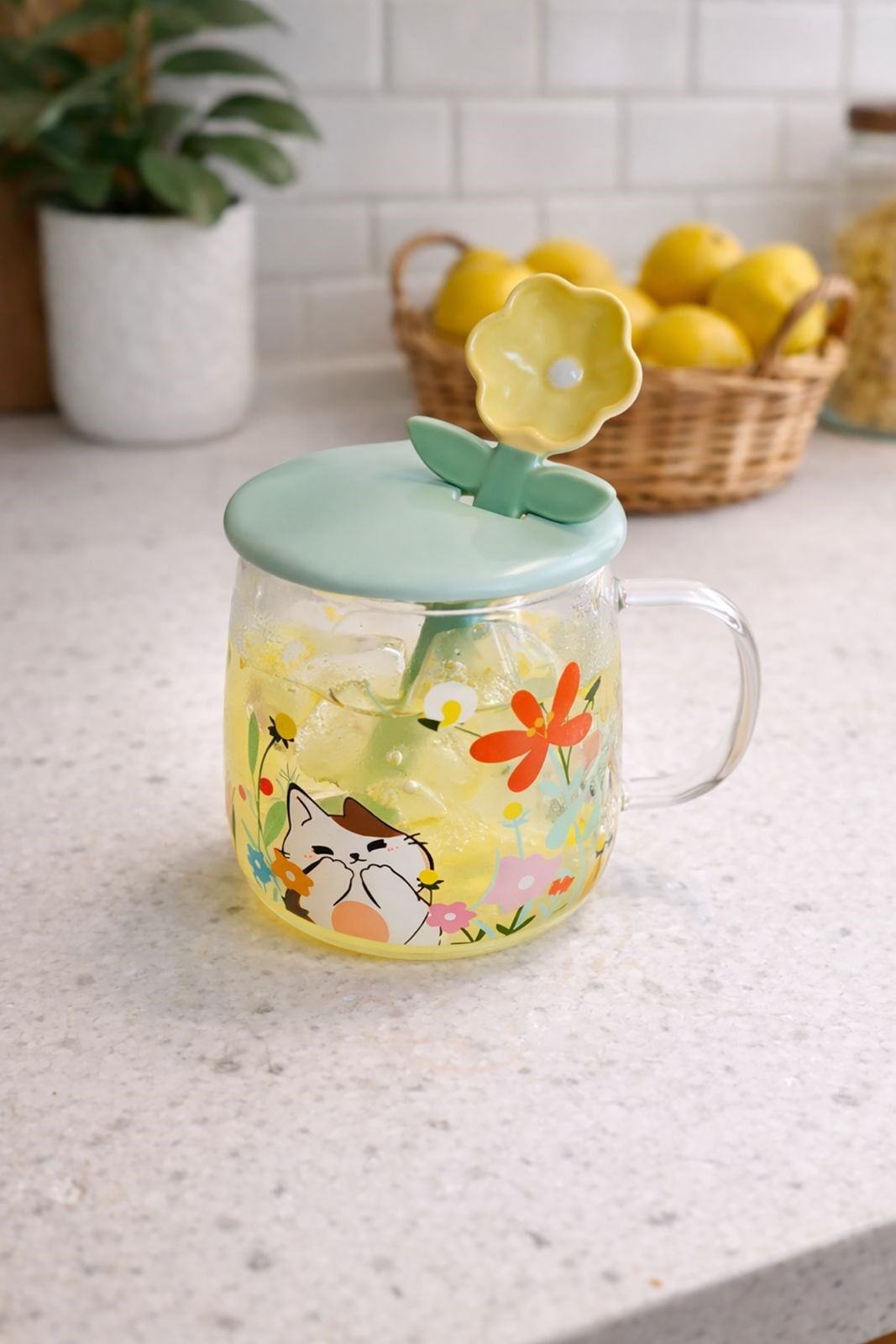 Seramik Sarı Çiçek Kaşık Kapak Kulplu Cam Kupa 480 Ml