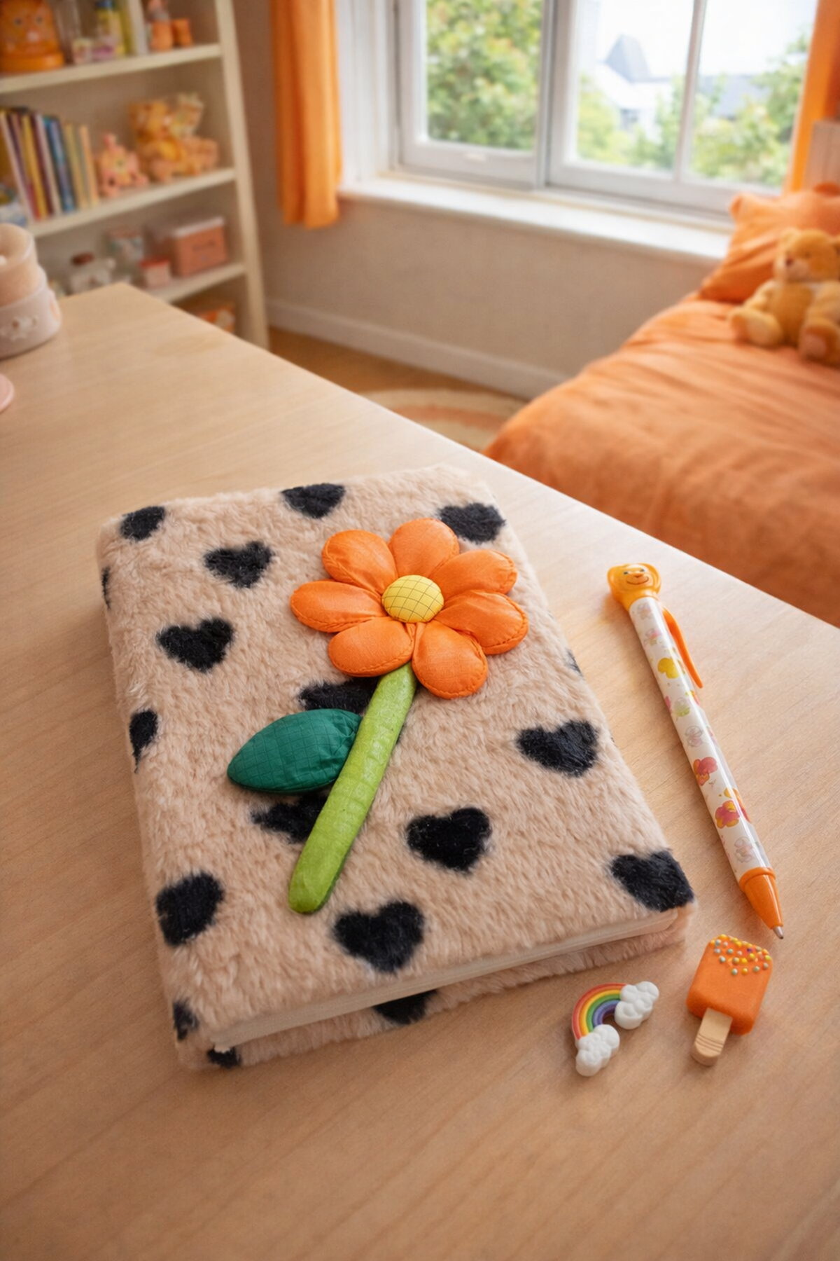 Siyah Beyaz Peluş Turuncu Çiçek Çizgili Defter