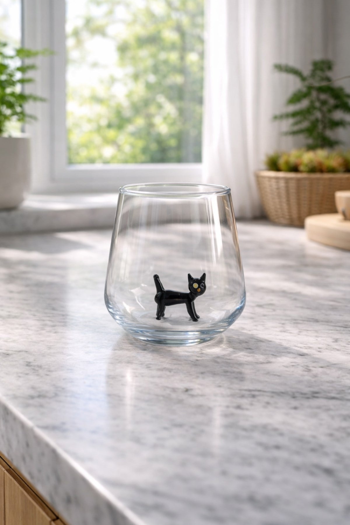 Siyah Kedi Cam Su Bardağı