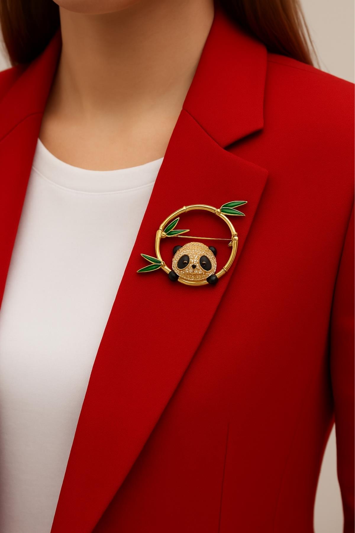 Taşlı Panda Kafalı Gold Çelenk İğneli Broş