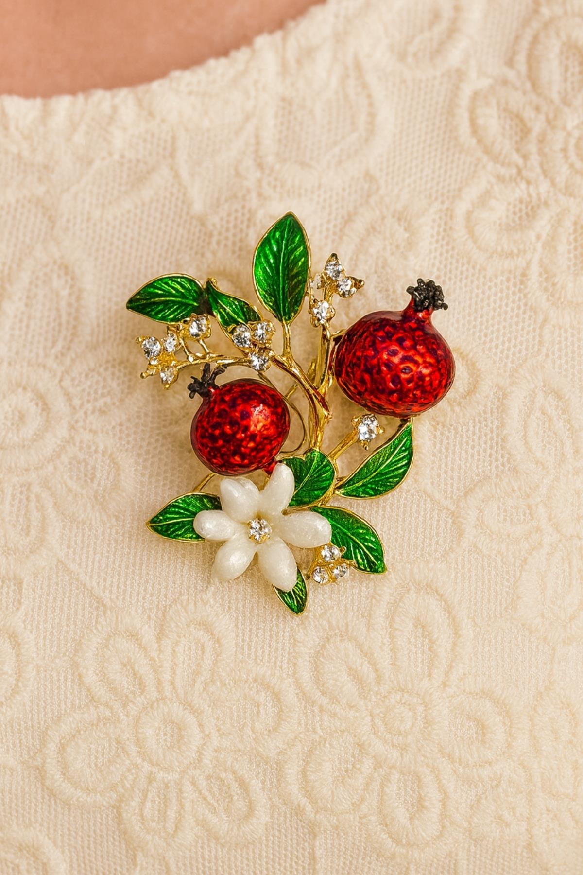 Taşlı Yapraklı İncir İğneli  Broş