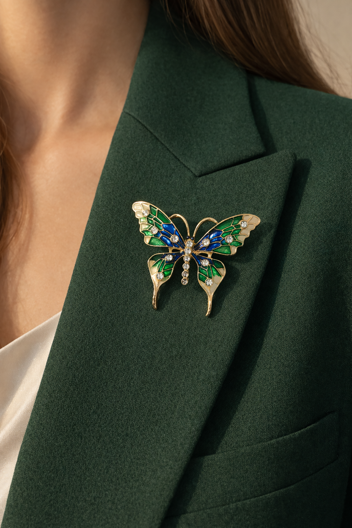 Yeşil Mavi ince Kanatlı Kelebek İğneli Broş