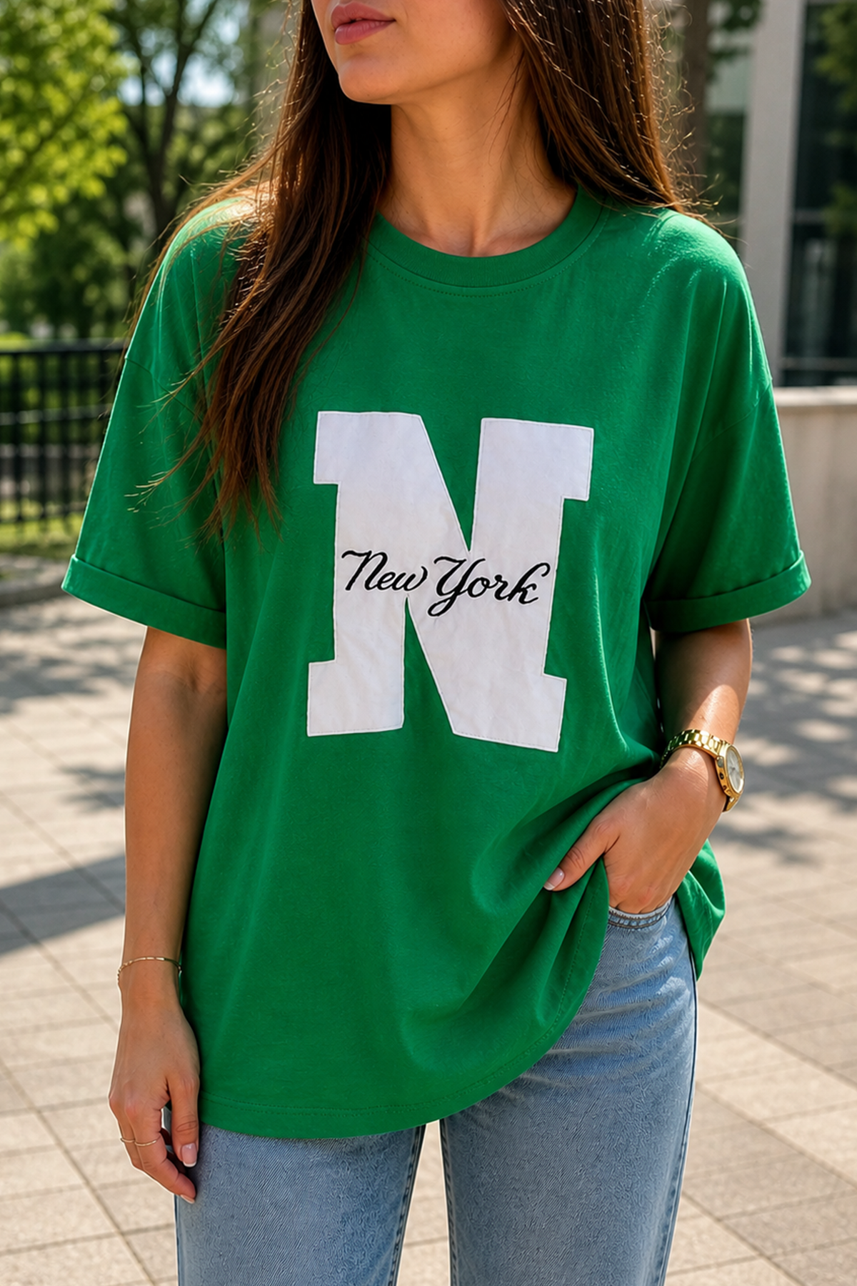 YEŞİL NEW YORK BASKILI YEŞİL T SHIRT L