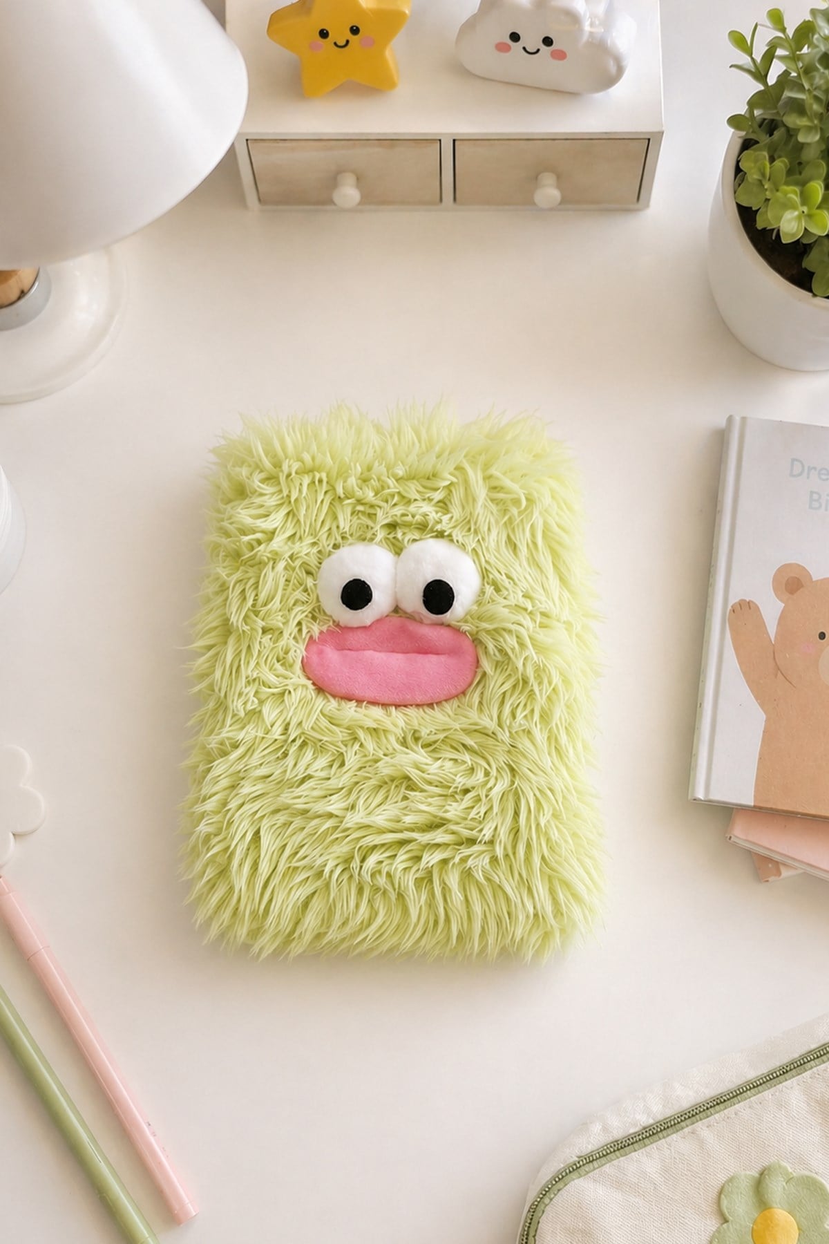 Yeşil Pörtlek Göz Peluş Çizgili Peluş Defter
