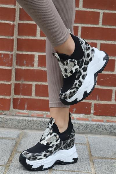 Nua GreyClaw Gri Leopar 10 Cm Topuklu İpsiz Günlük Kadın Sneaker