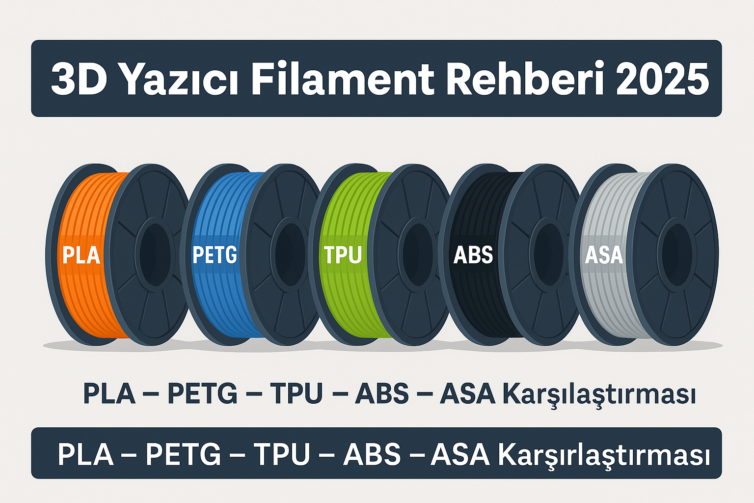 3D Yazıcı Filament Rehberi 2025 – PLA, PETG, TPU, ABS ve ASA filament karşılaştırması