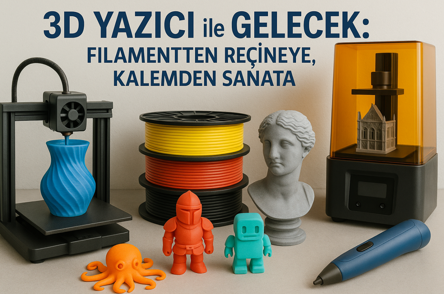 3D yazıcı ile üretilmiş figürler, filament makaraları, reçine yazıcı ve 3D yazıcı kalem ile modern üretim sahnesi