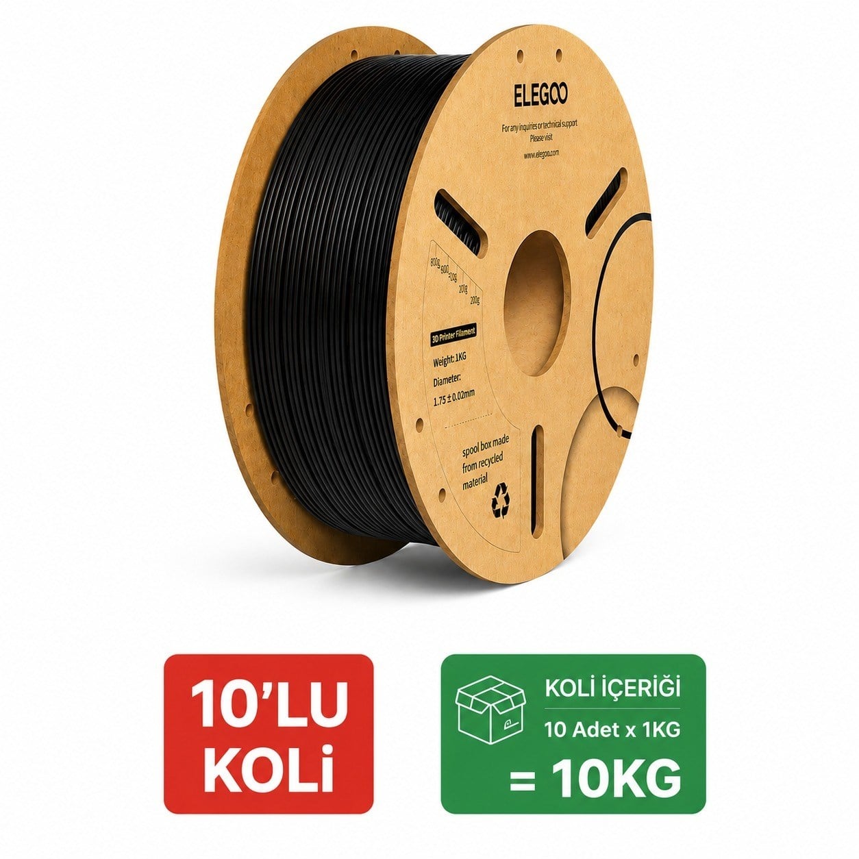 10 Kg ELEGOO PLA+ Siyah Filament 1.75mm 1kg