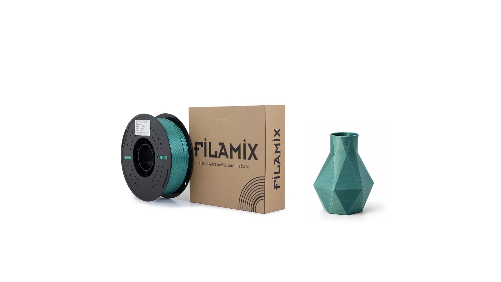 Filamix PLA Metallic makarası ve gerçekçi FDM baskı örneği