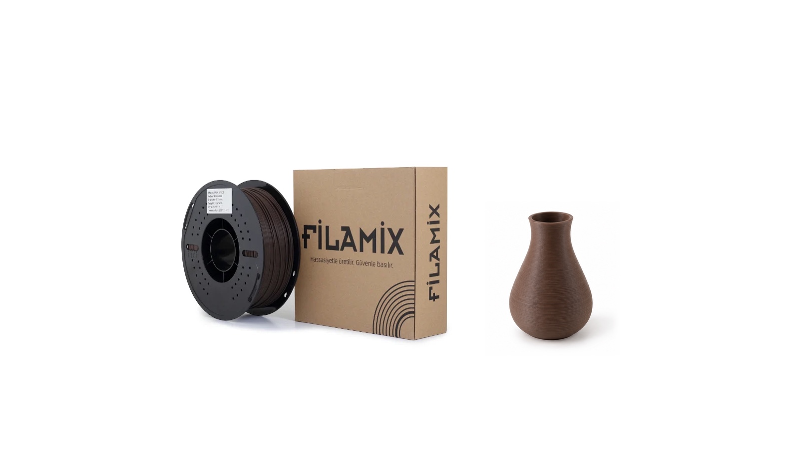 Filamix PLA Wood makarası ve gerçekçi FDM baskı örneği