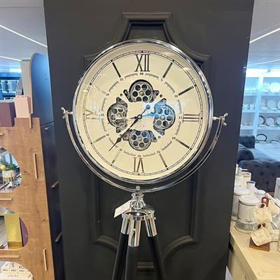 Decorative Clock with Tripod Stand and White Wheels Silver and Black