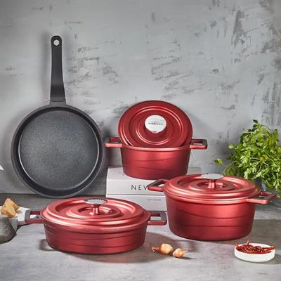 Copper 7 Parça Döküm Tencere Seti - Kırmızı