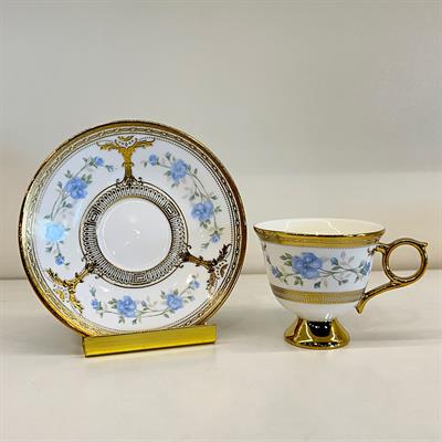 Glazze Mavi Güllü 6 Lı Kahve Fincan Takımı