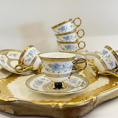 Glazze Mavi Güllü 6 Lı Kahve Fincan Takımı