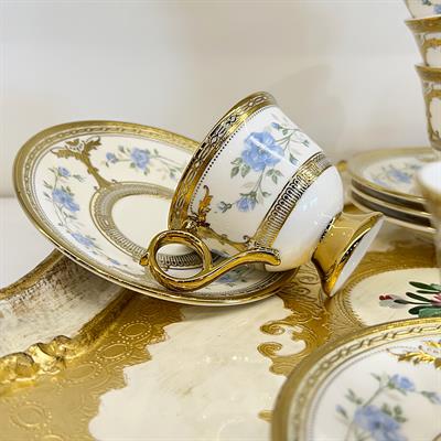 Glazze Mavi Güllü 6 Lı Kahve Fincan Takımı