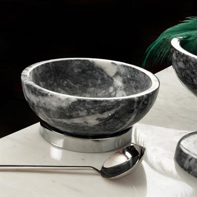 Quarry Black Marble Silver Metal Footed Decorative Bowl - Small Size